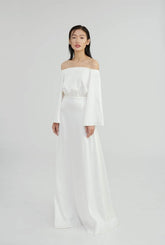 Off-Shoulder Long Sleeve Gown in Flowing Silk with Elegant Draped Silhouette