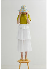 Tiered Linen Midi Skirt with Ruffle Peplum and Side Tie Detail