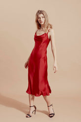 Velvet slip midi dress with cowl neckline and open back for elevated evening and occasion wear
