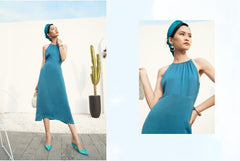 Halter Neck Silk Midi Dress with Flowing A-Line Silhouette