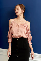 Cold-Shoulder Silk Top with Pearl Buttons and Puff Sleeves