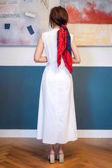 Sleeveless V-Neck Midi Dress in Flowing Silk with Flared Hem and Tailored Seams