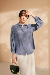 Silk Button-Up Blouse with Soft Drape and Long Sleeves