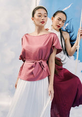 Silk Halter Top with Bow Shoulder and Ribbed Texture