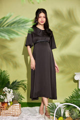 Flowy Silk Midi Dress with Statement Collar and Flutter Sleeves