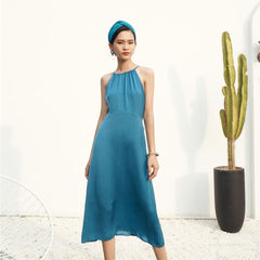 Halter Neck Silk Midi Dress with Flowing A-Line Silhouette