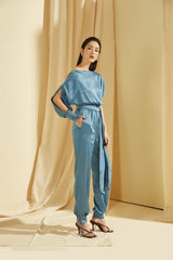 Silk Tapered Pants with Waist Tie and Drawstring Hem for a Refined, Relaxed Silhouette