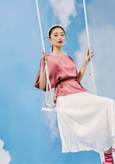 Silk Short-Sleeve Blouse with Waist Tie and Relaxed Fit for Effortless Feminine Style