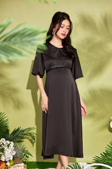 Flowy Silk Midi Dress with Statement Collar and Flutter Sleeves