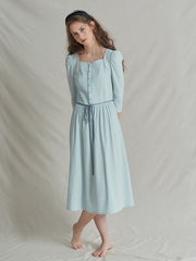 Square Neck Linen Dress with Waist Tie and Covered Buttons