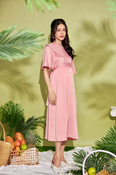 Pleated Silk Midi Dress with Peter Pan Collar and Waist Tie