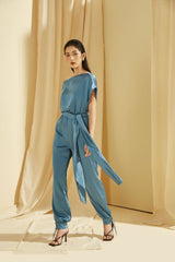 Silk Drape Blouse with Open Sleeve Detail and Waist Tie for Effortless Modern Elegance