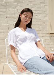 V-Neck Linen Blouse with Puff Sleeves and Peplum Waist Detail