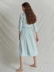 Square Neck Linen Dress with Waist Tie and Covered Buttons