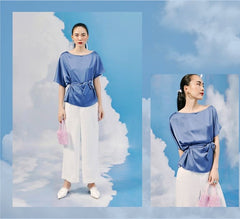 Silk Boatneck Top with Side Tie and Relaxed Draped Fit