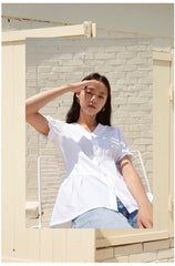 V-Neck Linen Blouse with Puff Sleeves and Peplum Waist Detail