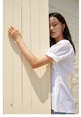 V-Neck Linen Blouse with Puff Sleeves and Peplum Waist Detail