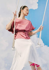 Silk Short-Sleeve Blouse with Waist Tie and Relaxed Fit for Effortless Feminine Style