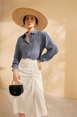 Silk Button-Up Blouse with Soft Drape and Long Sleeves