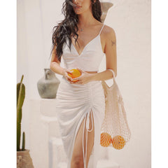 Ruched High-Slit Midi Skirt in Silk with Adjustable Drawstring Detail