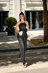 Halter Neck Pleated Silk Top with Waist Gathering and Back Tie Detail