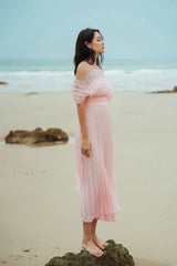 Organza off-shoulder pleated midi dress with elastic waist and flowing silhouette for elegant styling