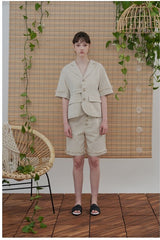 High-Waisted Linen Shorts with Raw Hem and Front Button Detail