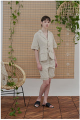 Tailored Linen Blazer with Fringe Cuff Detail and Waist Cinch Panel