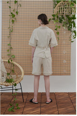 Tailored Linen Blazer with Fringe Cuff Detail and Waist Cinch Panel