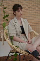 Tailored Linen Blazer with Fringe Cuff Detail and Waist Cinch Panel