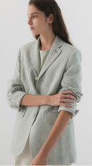 Tailored Linen Blazer with Notch Lapel and Front Flap Pockets for Women