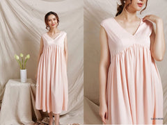 Silk Midi Dress with Pleated Empire Waist and Flowy A-Line Skirt