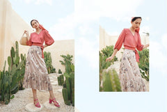 Silk Wrap Blouse with Puff Sleeves and Waist Tie