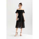 Silk Organza Off-Shoulder Midi Dress with Ruffled Neckline and Sheer Flared Skirt