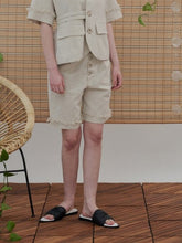 High-Waisted Linen Shorts with Raw Hem and Front Button Detail