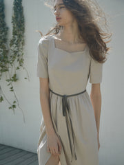 Linen Square Neck Midi Dress with Puff Sleeves and Waist Tie