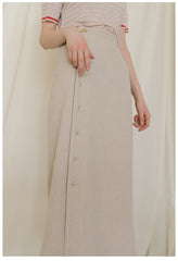 High-Waisted Linen Midi Skirt with Side Button Detailing
