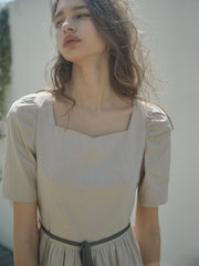 Linen Square Neck Midi Dress with Puff Sleeves and Waist Tie