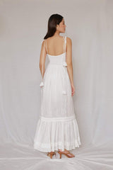Sleeveless organza midi dress with tassel tie straps and gathered hemline detail