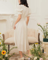 Organza midi dress with ruched sweetheart neckline and puff sleeves for romantic styling