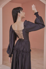 Julia Sweetheart Neck Long Bishop Sleeve Open Back Tiered Maxi Dress