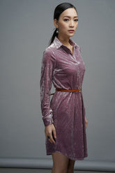 Velvet shirt dress with collared neckline, long sleeves, and tailored belted silhouette