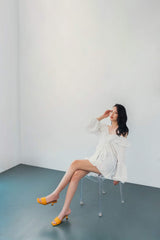 Silk Mini Dress with Off-Shoulder Ruffle Detail and Long Puff Sleeves