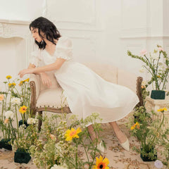 Organza midi dress with ruched sweetheart neckline and puff sleeves for romantic styling