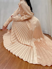 Silk Pleated Midi Skirt with High Waist and Flowing A-Line Silhouette for Elegant Styling