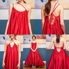 Robe longue dos nu en soie fluide avec col licou réglable et ourlet à volants