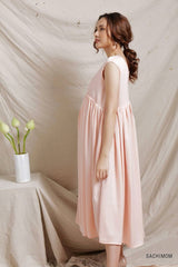 Silk Midi Dress with Pleated Empire Waist and Flowy A-Line Skirt