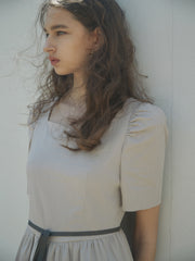 Linen Square Neck Midi Dress with Puff Sleeves and Waist Tie