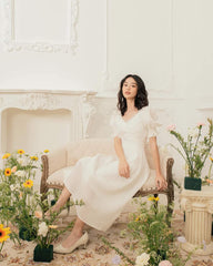 Organza midi dress with ruched sweetheart neckline and puff sleeves for romantic styling