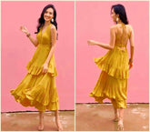 真丝欧根纱荷叶边分层连衣裙,露背系带细节,飘逸中长廓形